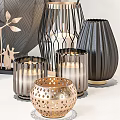 Decorative Ornaments Set With Metallic Candle Holders And Textured Vases For Home Decor