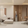 Modern Open Dining Living Room Interior with White Walls Wooden Table Sofa TV and Rug
