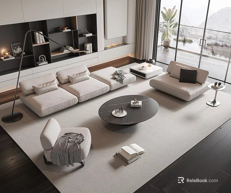 Modern Living Room Sofa Coffee Table Set With Armchair Rug And Floor To Ceiling Windows 3d model 