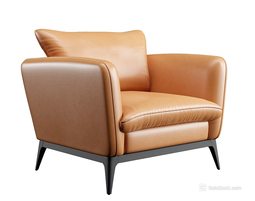 Brown Leather Single Sofa With Modern Design And Square Arms Black Legs 3d model