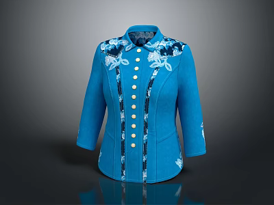 Elegant Blue Coat With Classic Collar Embroidered Floral Patterns And Golden Buttons 3d model