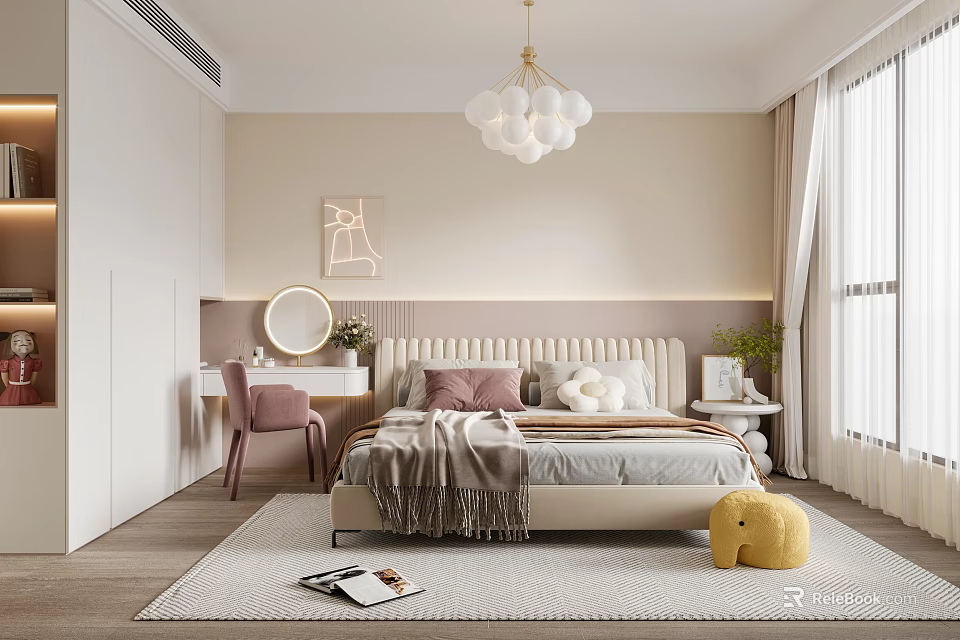 Cozy Modern Kids Bedroom With Pink Chair Round Mirror And Chandelier 3d model 