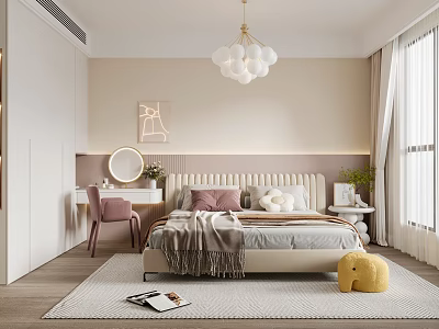 Cozy Modern Kids Bedroom With Pink Chair Round Mirror And Chandelier 3d model
