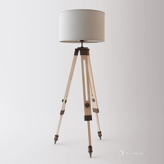 Modern Tripod Floor Lamp with Wooden Stand and White Fabric Shade for Living Room 3d model 