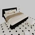 Modern Double Bed Interior With Black Headboard Beige Bedding Brown Blanket And Checkered Rug 3d model
