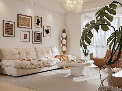 Modern Open Plan Living And Dining Room With White Sofa Decorative Paintings And Monstera Plant 3d model