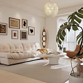 Modern Open Plan Living And Dining Room With White Sofa Decorative Paintings And Monstera Plant