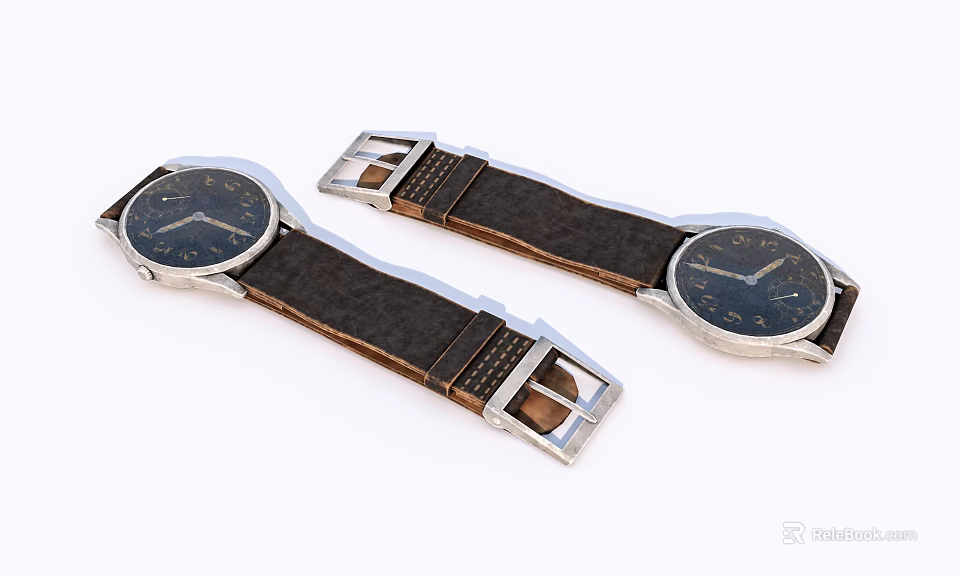 Elegant Leather Strap Watches with Black Dials and Silver Cases Design 3d model