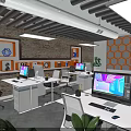 Contemporary Office Furniture Setup Featuring Desks Computers Chairs Plants And Lighting