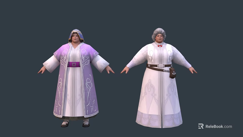 Ornate Hooded Elderly Game and Movie Characters in Purple White and White Robes with Belts 3d model 