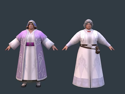 Ornate Hooded Elderly Game and Movie Characters in Purple White and White Robes with Belts 3d model