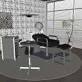 Modern Barber Salon Interior With Black Leather Chair Silver Tools Cabinet And Decorative Painting