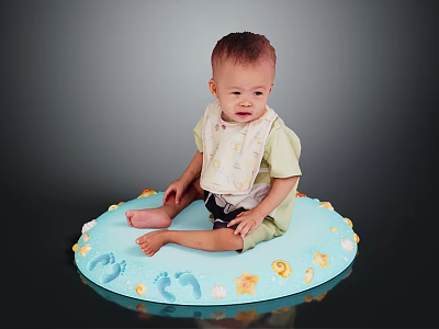 Adorable Baby Sitting on Blue Round Mat with Decorative Footprints and Flowers 3d model