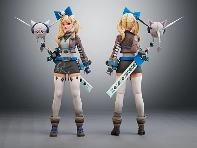 Anime Character With Cute Creature Staff And Brown Blue Outfit Dual Views 3d model