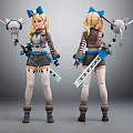 Anime Character With Cute Creature Staff And Brown Blue Outfit Dual Views