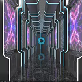 Futuristic KTV Corridor With Neon Lights Mirrored Floor And Geometric Patterns Purple Pink Lighting Design