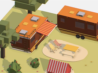 Cartoon Camping Scene With Caravans Awning Tables Chairs Trees And Small Tent 3d model