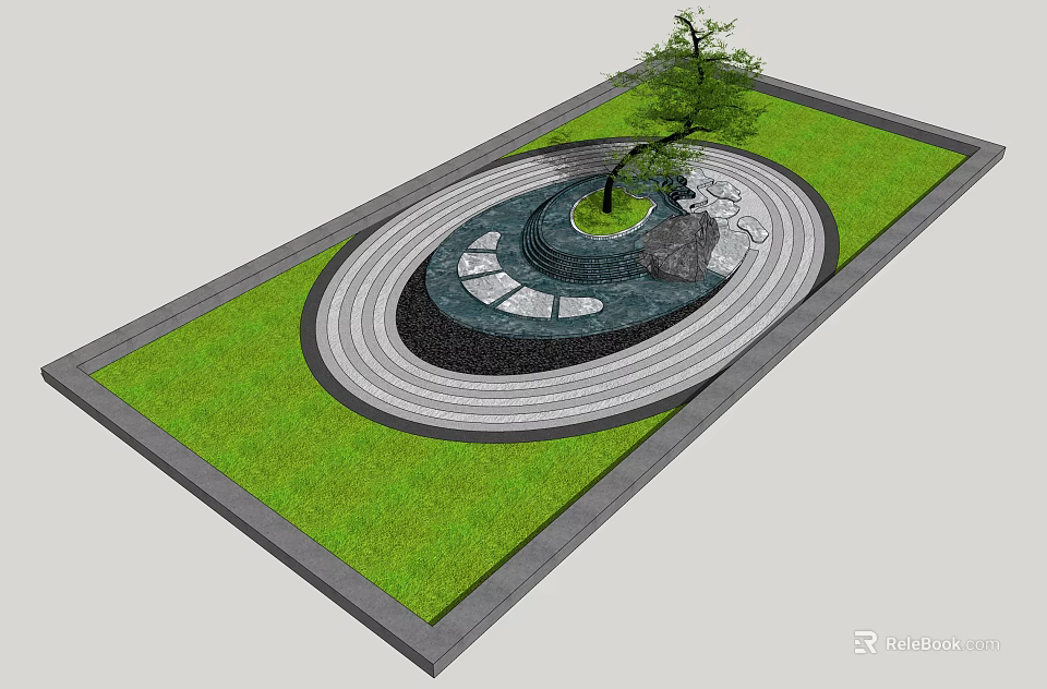 Karesansui Garden Design Featuring Circular Sand Patterns Stones Tree And Green Lawn 3d model 