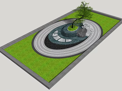Karesansui Garden Design Featuring Circular Sand Patterns Stones Tree And Green Lawn 3d model