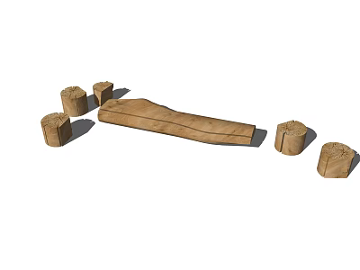 Natural Wooden Landscape Seat With Long Plank Surface And Cylindrical Support Legs 3d model