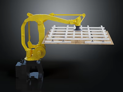 Yellow Robotic Arm Lifting Wooden Grid Pallet With Furniture Manufacturing Components 3d model