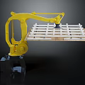 Yellow Robotic Arm Lifting Wooden Grid Pallet With Furniture Manufacturing Components
