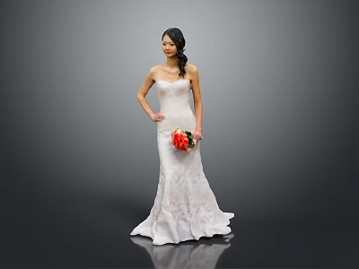 White Strapless Fitted Long Wedding Dress With Red Bouquet For Bridal 3d model