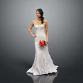 White Strapless Fitted Long Wedding Dress With Red Bouquet For Bridal