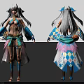 Woman With Long White Hair In Blue And White Outfit With Feather Like Skirt Design