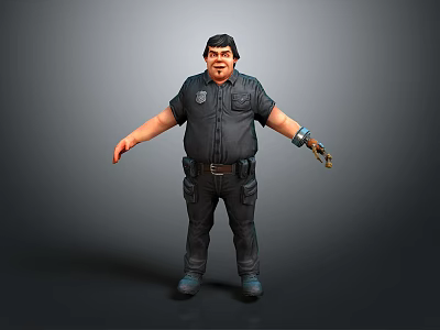 Man in police uniform with badge belt and mechanical arm standing with arms outstretched 3d model