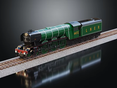 Vintage Green Steam Train Model With LNER Logo On Railway Track 3d model