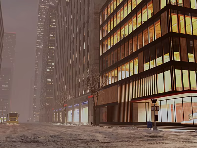 Snowy Evening Commercial Street with Tall Buildings Bright Lights and Storefronts 3d model