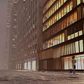 Snowy Evening Commercial Street with Tall Buildings Bright Lights and Storefronts