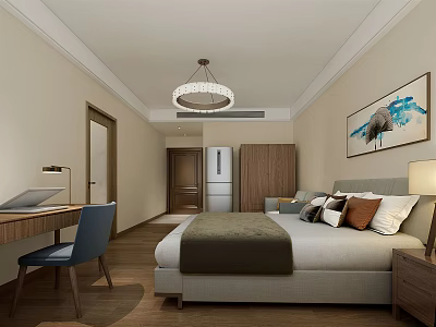 Modern Apartment Interior With Comfortable Bed Wooden Desk Refrigerator Cabinet And Wall Art 3d model