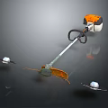 Orange And White Grass Trimmer Featuring Long Shaft Handle And Cutting Blades On Reflective Surface