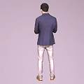A Man In Navy Blazer Light Gray Pants Gesturing With Hands Against Light Purple Background