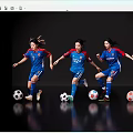 Women in Blue Jerseys Playing Soccer with Multiple Colored Balls on Reflective Surface