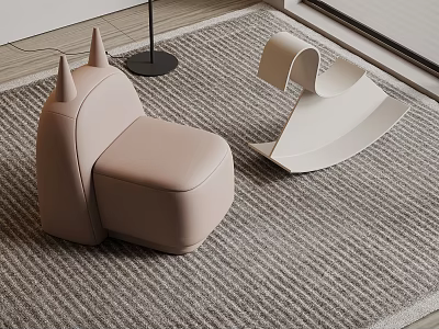 Modern Horn Shaped Pink Chair And White Rocking Chair On Gray Rug 3d model