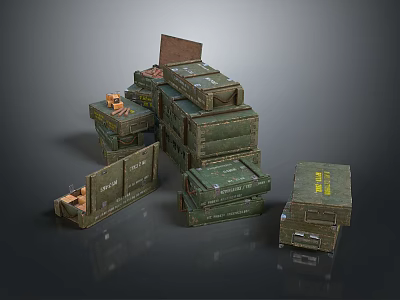 Green Military Weapon Storage Boxes With Open Lids And Ammunition Supplies 3d model