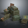 Green Military Weapon Storage Boxes With Open Lids And Ammunition Supplies