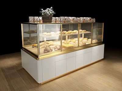Golden Framed Glass Display Showcase for Bread Pastries with White Base Cabinets and Flower Pot 3d model