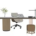 Modern Office Desk With Wooden Legs Laptop Green Plant Lamp White Chair Beige Stool
