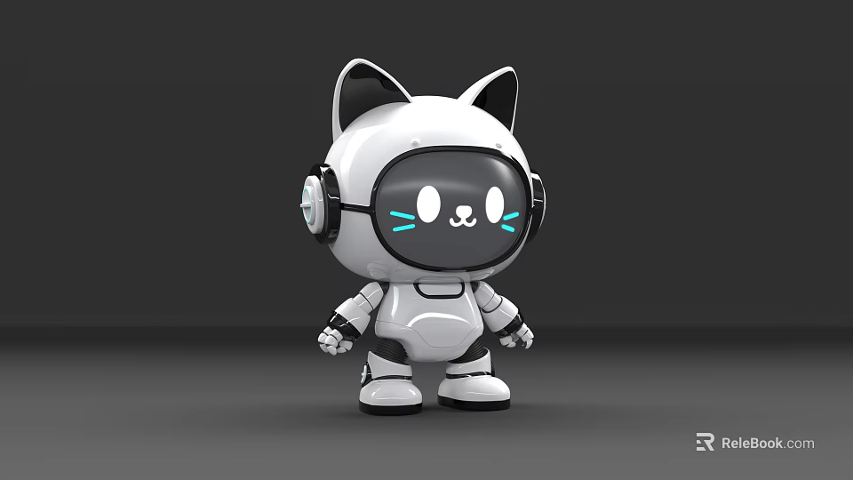 Cute White And Black Robot Cat Figure With Headphones And Blue Eyes 3d model 