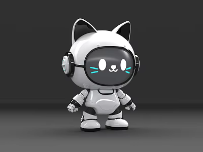 Cute White And Black Robot Cat Figure With Headphones And Blue Eyes 3d model