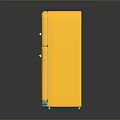 Retro Yellow Double Door Refrigerator With Turquoise Base On Dark Surface