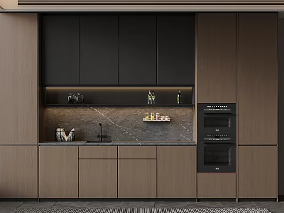 Elegant Modern Kitchen Interior With Dark Wooden Cabinets Marble Countertop And Built-in Oven 3d model