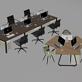 Multiple Modern Office Desks with Computers and Gray Green Chairs 3d model