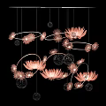 Floral Pink Chandelier Design With Flower Shaped Lights And Curved Metal Frames For Indoor Mall