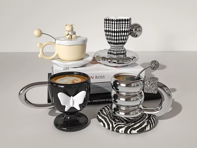 Decorative Cups With Butterfly Accent Striped Pattern Small Bear Ornament And Metallic Finish 3d model