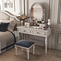 Classic White Dressing Table with Round Mirror Flower Vase and Stool in Bedroom